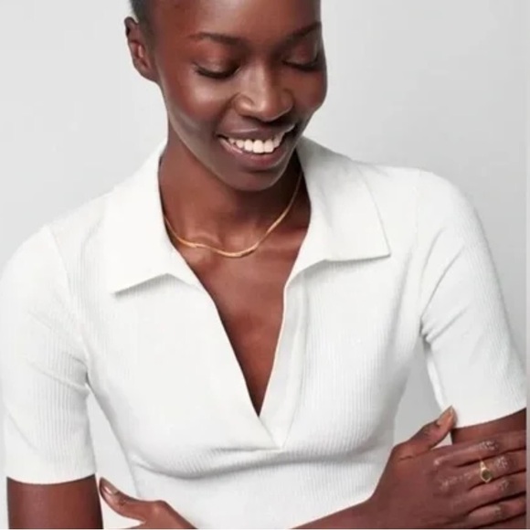 Faherty Brand White Ribbed Henley V-Neck Polo Bodysuit - Egret - Made in Turkey - Picture 4 of 7